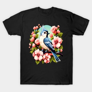 Cute Tufted Titmouse Surrounded by Vibrant Spring Flowers T-Shirt